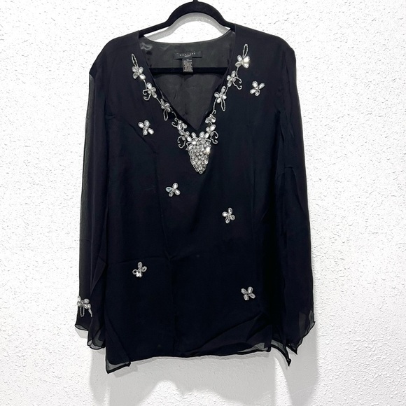SilkLand Black 100% silk Embellished sheet Long Sleeve Blouse 2X - Picture 8 of 8